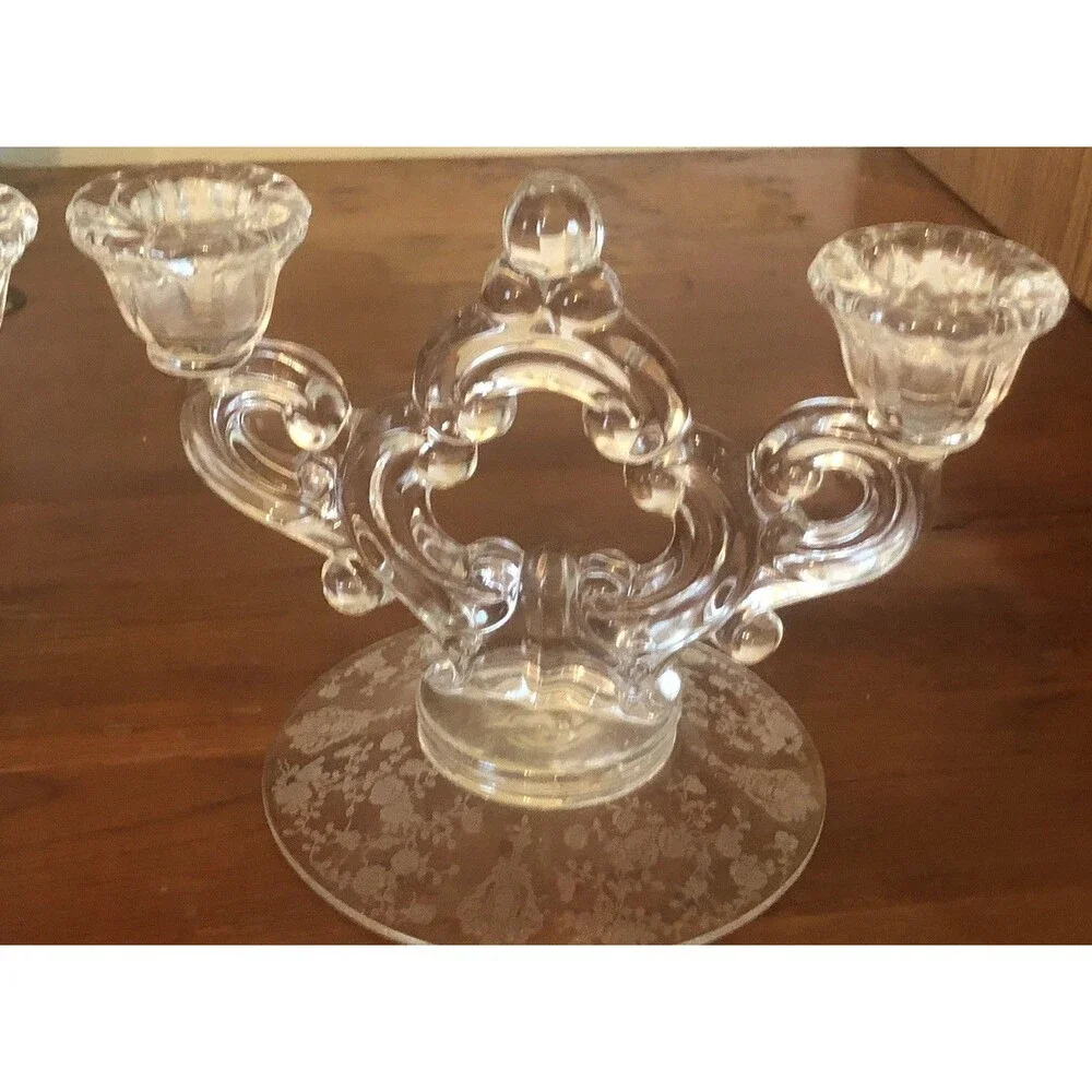 Vintage Set 1950s Cambridge Rose  Point Etched Fouled Candelabras